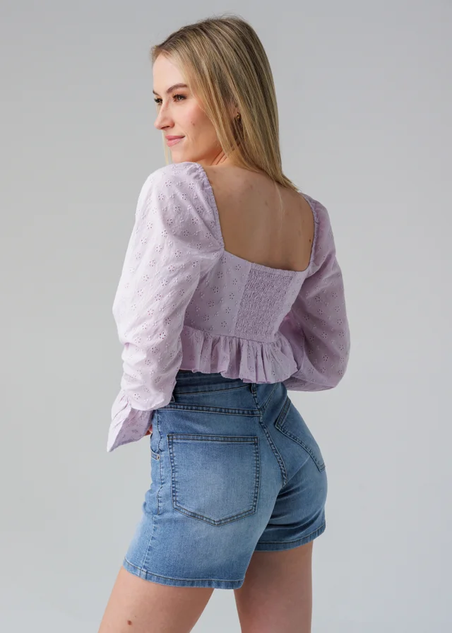 Influence Pink Long Sleeve Lace Up Peplum Hem Crop Top