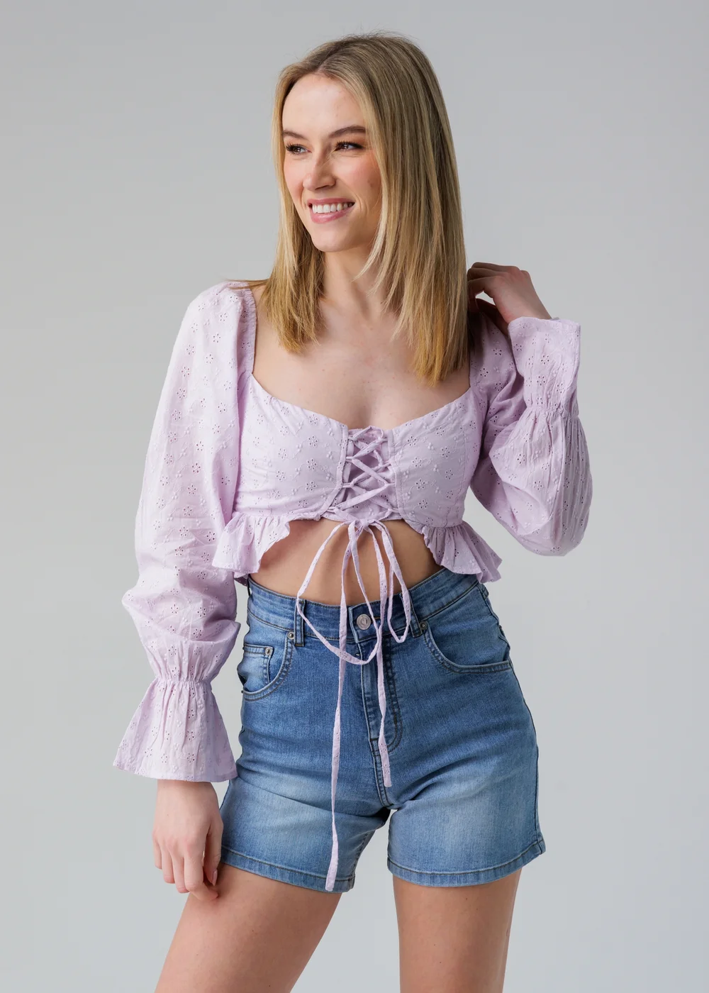 Influence Pink Long Sleeve Lace Up Peplum Hem Crop Top - 8 Image 1
