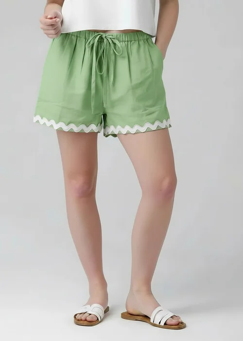 Wednesday's Girl Green Cotton Linen Zig Zag Hem Shorts - 14 Image 1