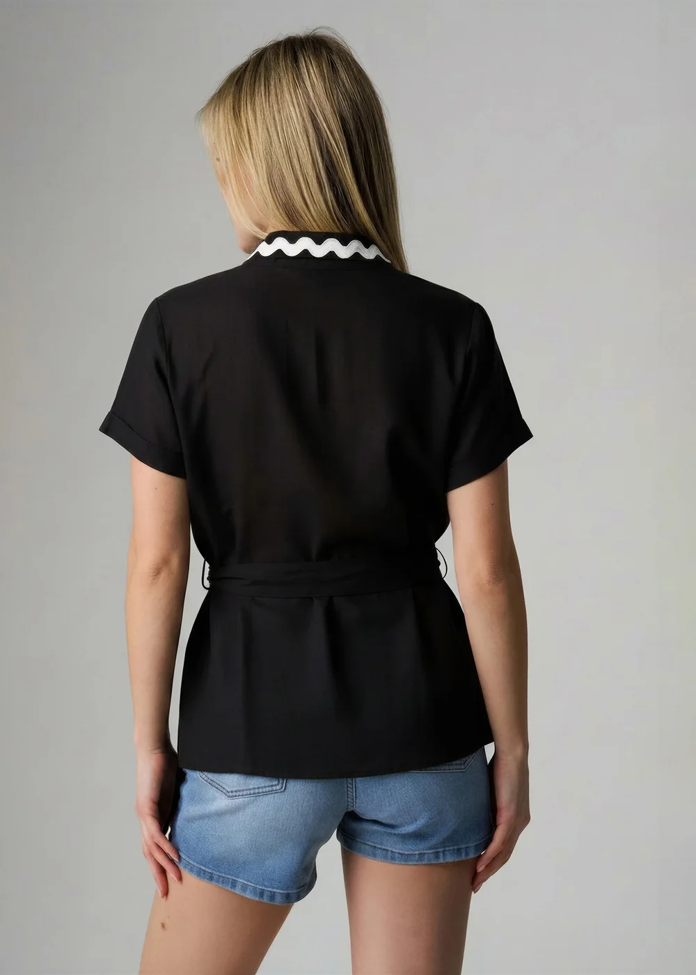 Wednesday's Girl Black Cotton Linen Zig Zag Trim Wrap Top - 6 Image 2