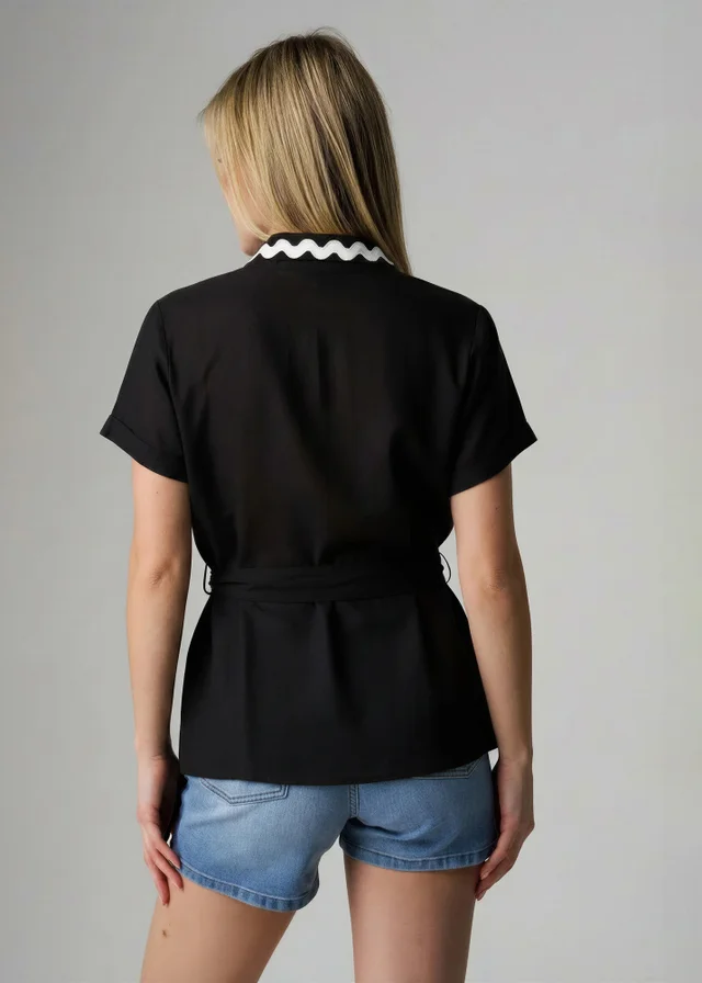 Wednesday's Girl Black Cotton Linen Zig Zag Trim Wrap Top