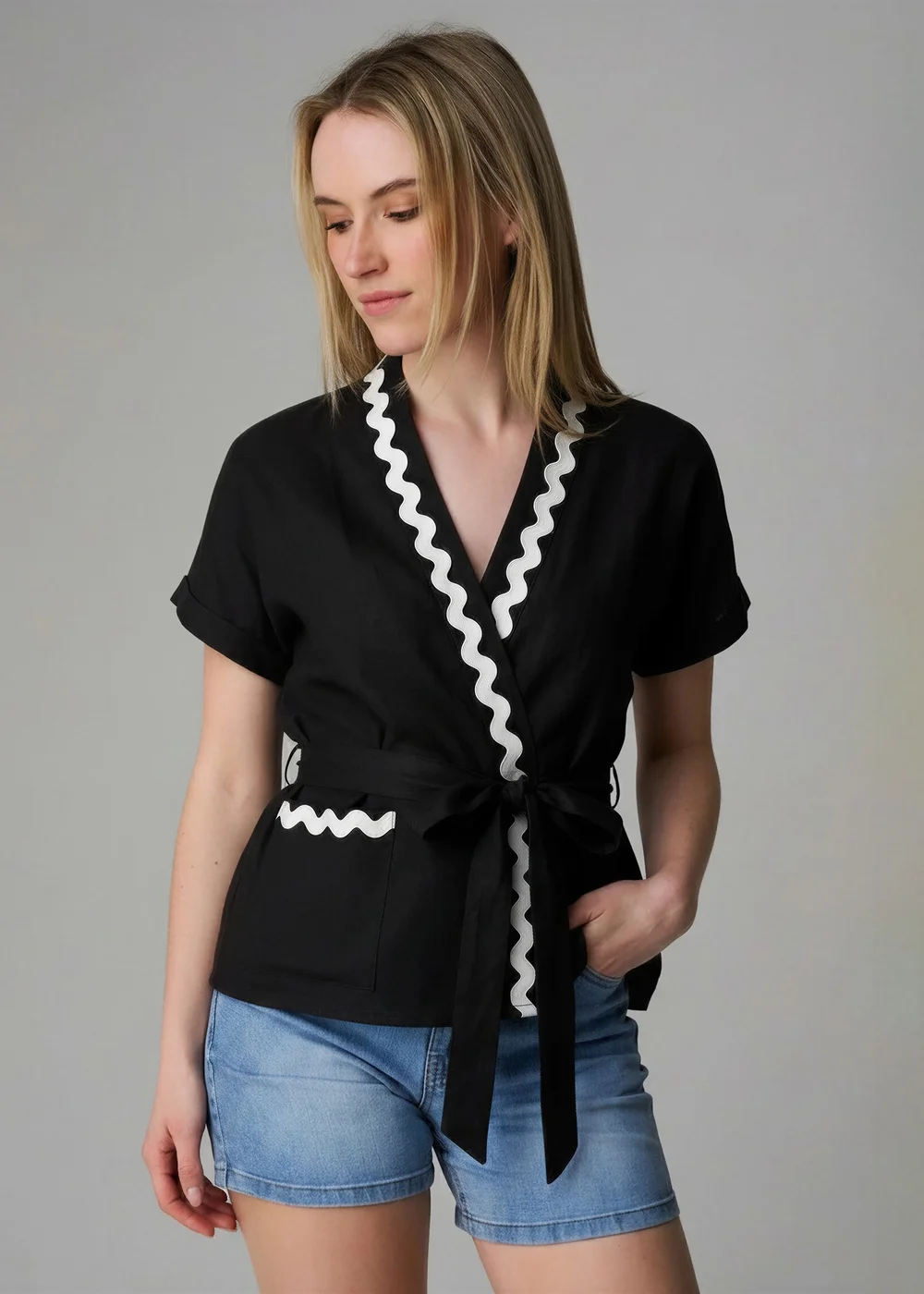 Wednesday's Girl Black Cotton Linen Zig Zag Trim Wrap Top - 6 Image 1