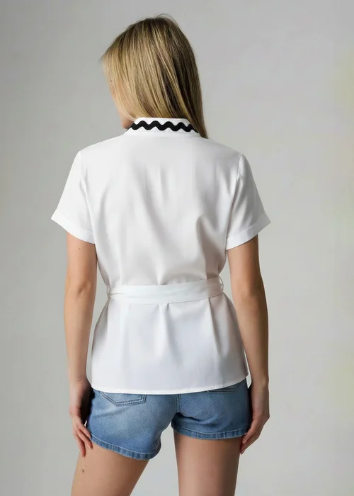 Wednesday's Girl White Cotton Linen Zig Zag Trim Wrap Top - 6 Image 2