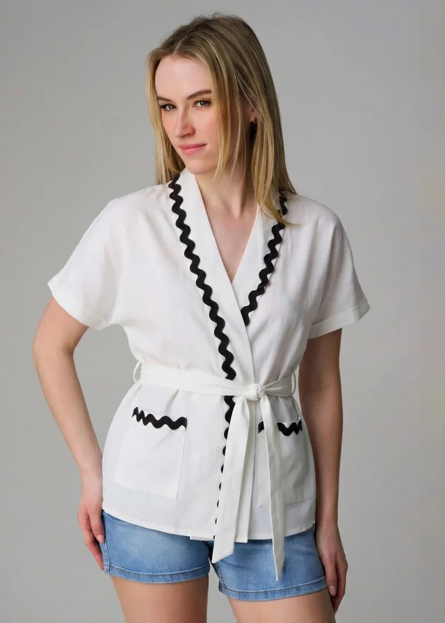 Wednesday's Girl White Cotton Linen Zig Zag Trim Wrap Top