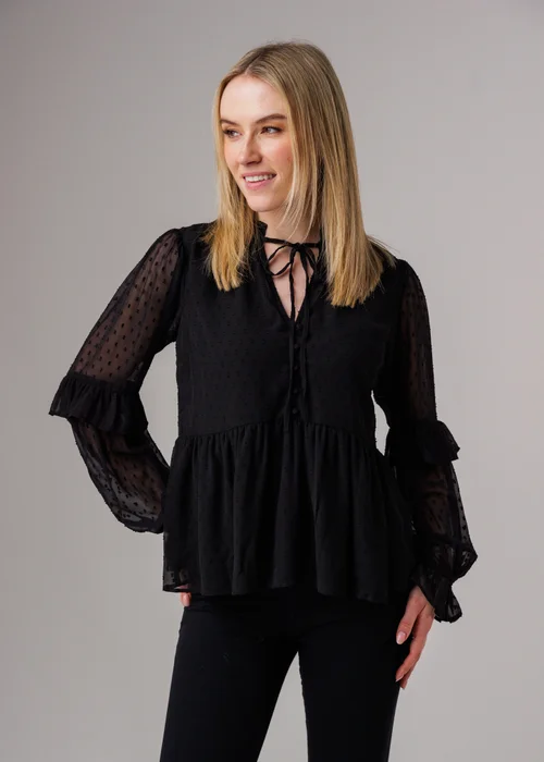 Influence Black Long Sleeve Dobby Tie Neck Smock Blouse - 12 Image 1