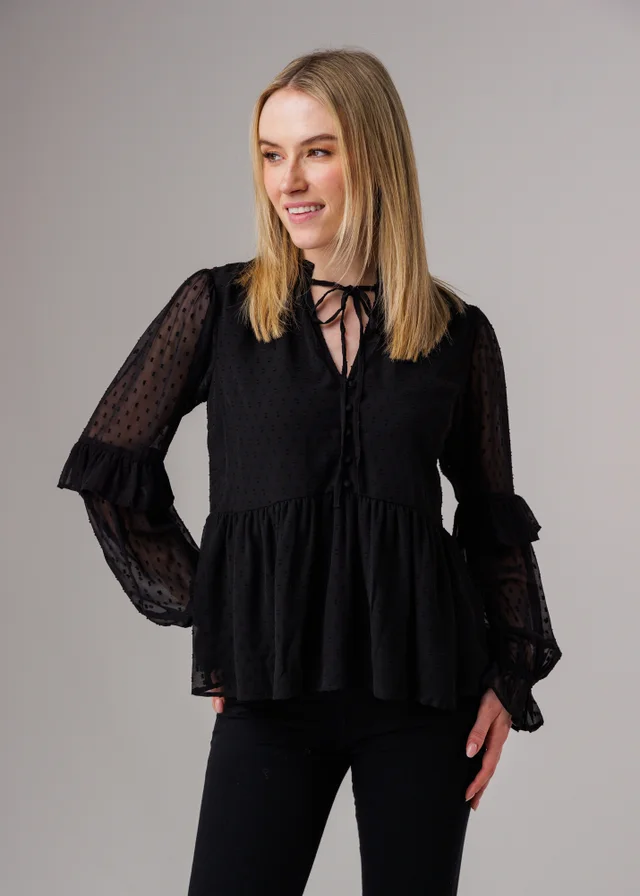 Influence Black Long Sleeve Dobby Tie Neck Smock Blouse
