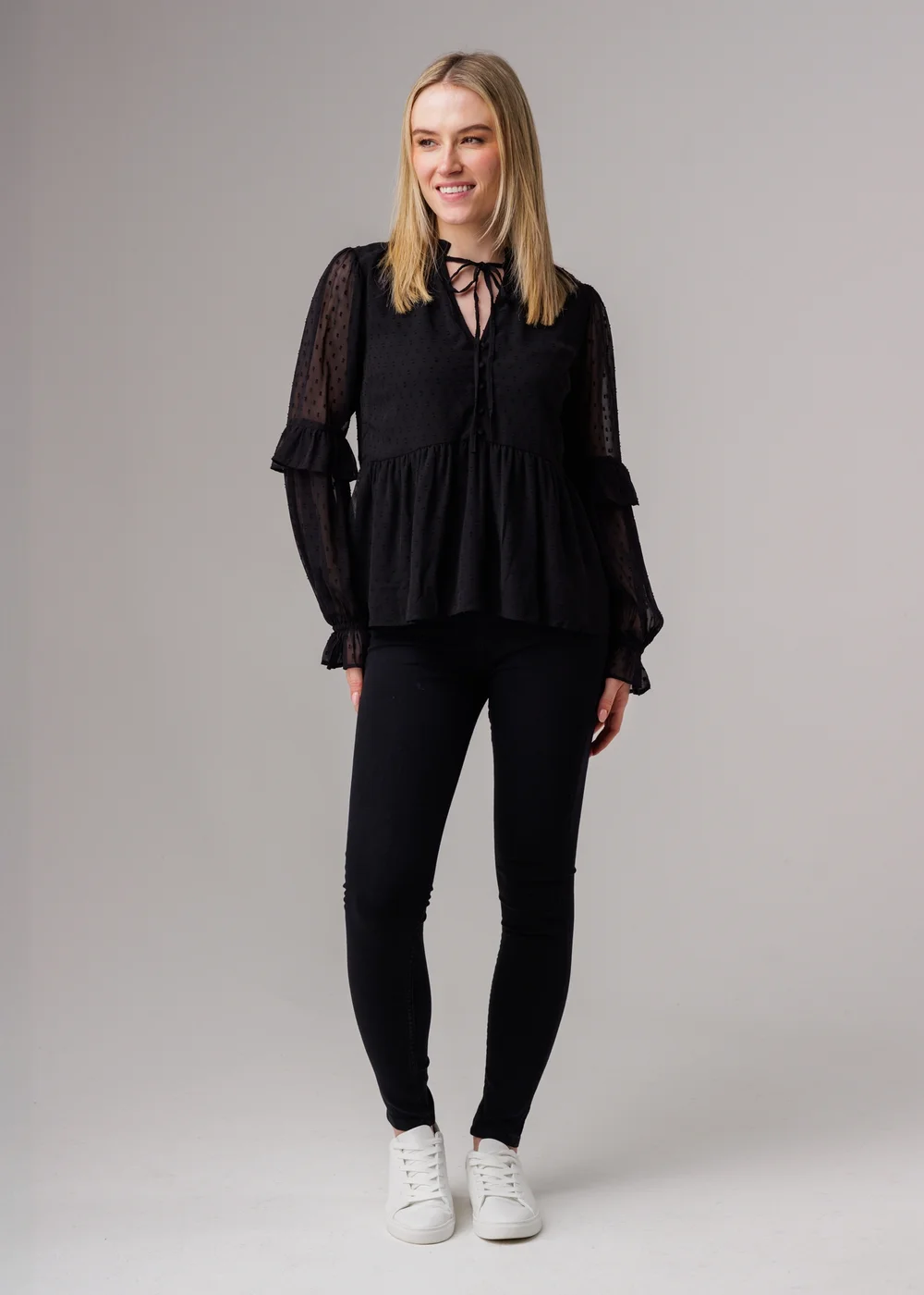 Influence Black Long Sleeve Dobby Tie Neck Smock Blouse - 12 Image 4