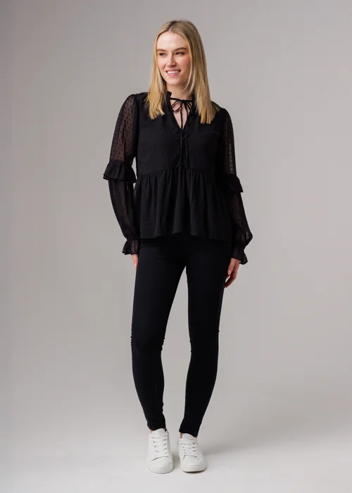 Influence Black Long Sleeve Dobby Tie Neck Smock Blouse - 12 Image 4