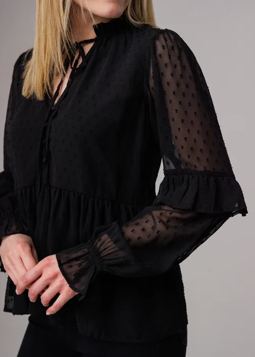 Influence Black Long Sleeve Dobby Tie Neck Smock Blouse - 12 Image 3