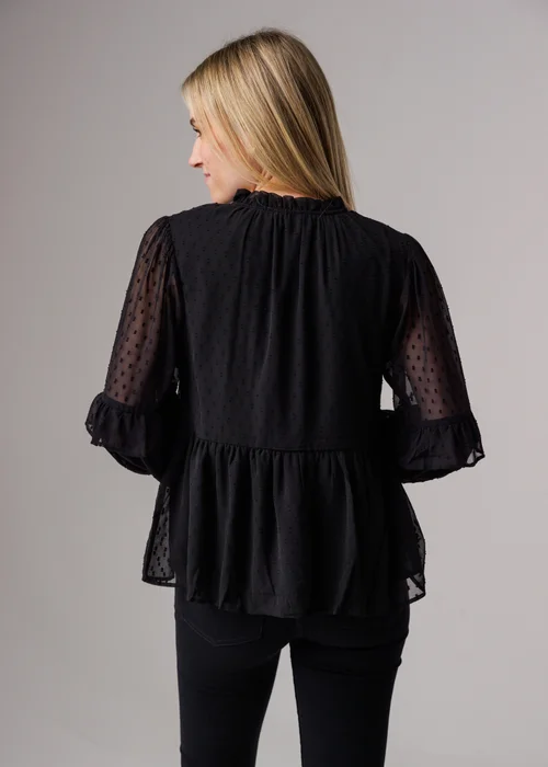 Influence Black Long Sleeve Dobby Tie Neck Smock Blouse - 12 Image 2