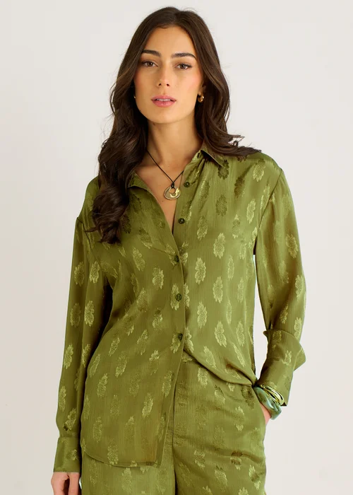 Gini London Khaki Floral Satin Jacquard Shirt - 8 Image 1