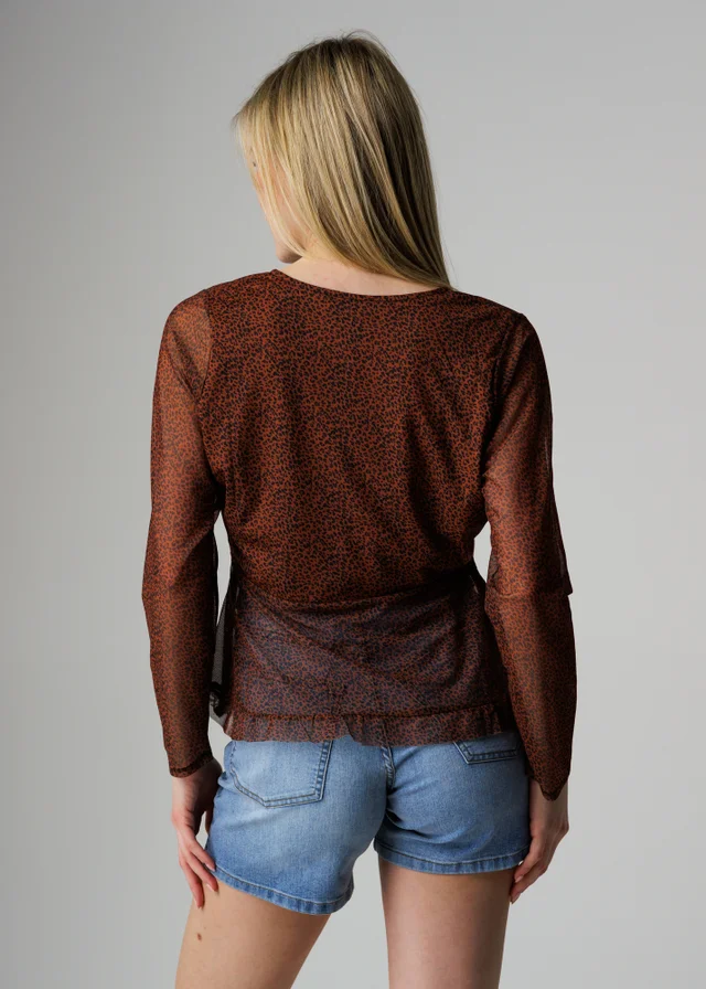 Wednesday’s Girl Brown Animal Print Button Front Mesh Frill Top