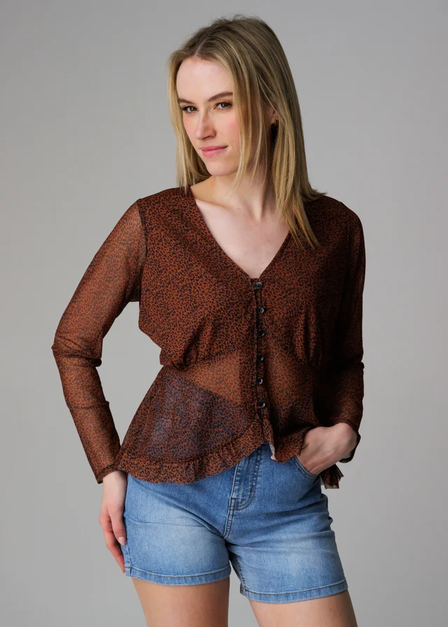 Wednesday’s Girl Brown Animal Print Button Front Mesh Frill Top