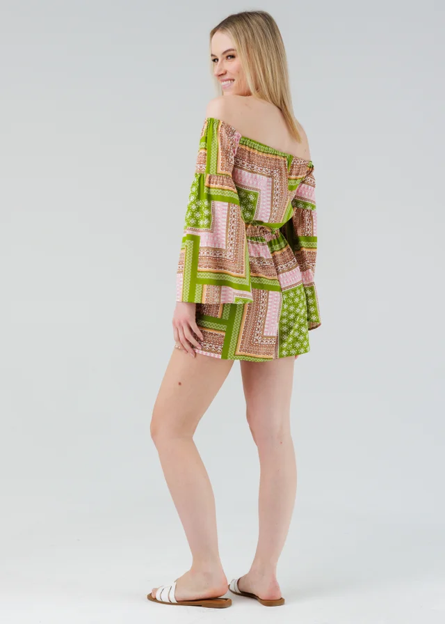 Influence Green Geometric Vibrant Print Bardot Off-The-Shoulder Playsuit