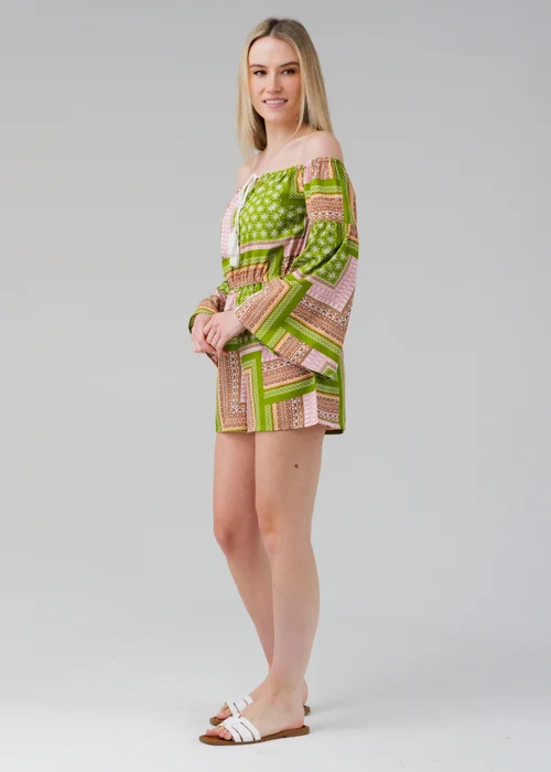 Influence Green Geometric Vibrant Print Bardot Off-The-Shoulder Playsuit - 8 Image 4