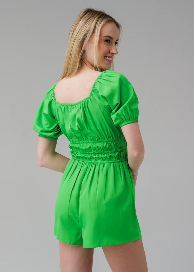 Influence Green Short Sleeve Tie Detail Shirred Waist Playsuit