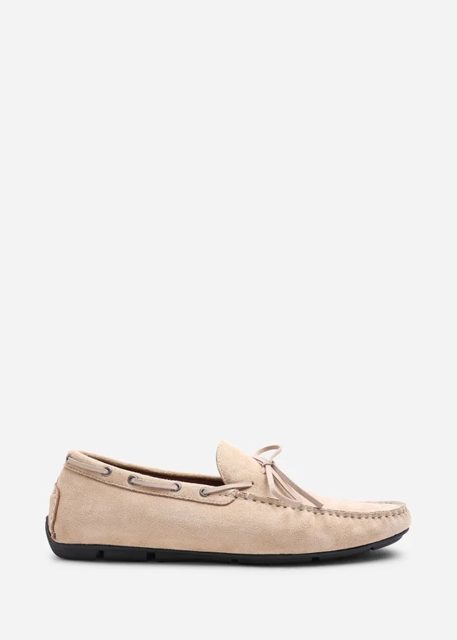 Where's That From Carter Beige Faux Suede Slip on Lace Detail Loafer