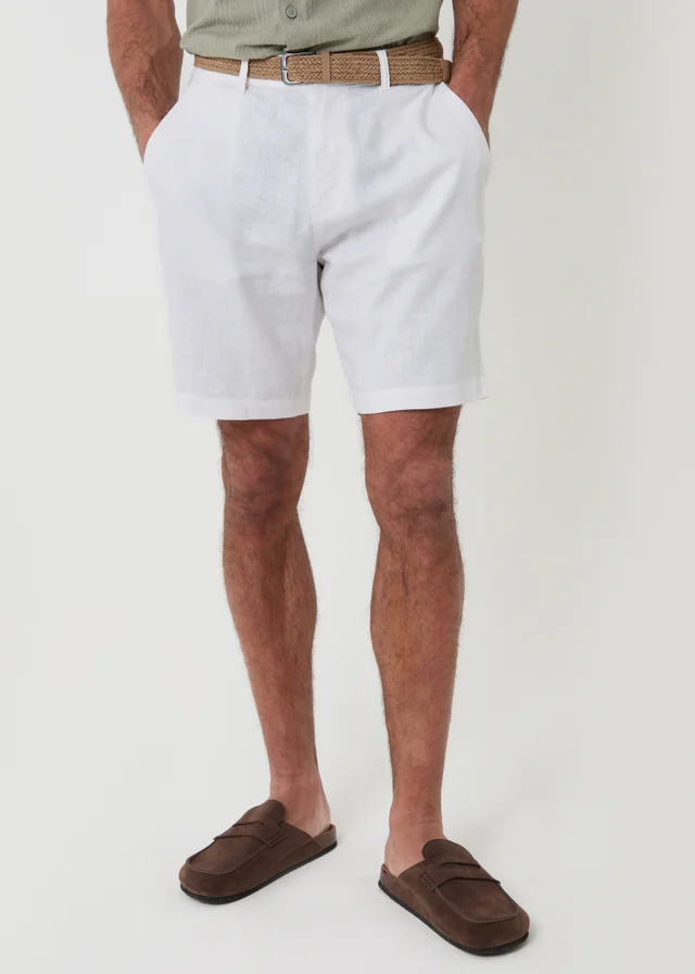 Threadbare White Linen Blend Shorts with Belt