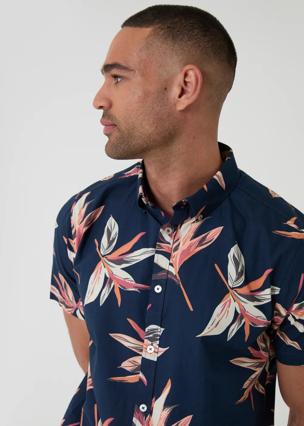 Threadbare Navy Tropical Leaf Print Cotton Short Sleeve Shirt - S Image 4