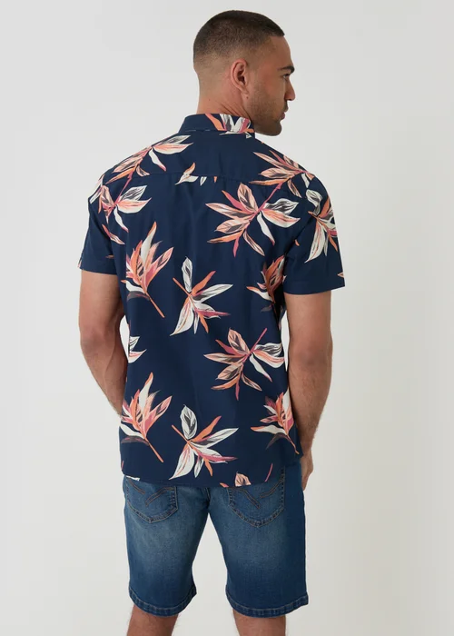 Threadbare Navy Tropical Leaf Print Cotton Short Sleeve Shirt - S Image 2
