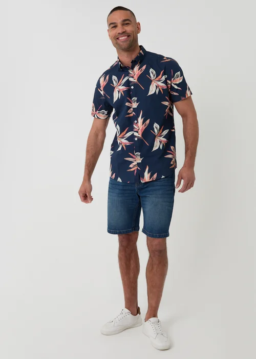 Threadbare Navy Tropical Leaf Print Cotton Short Sleeve Shirt - S Image 3