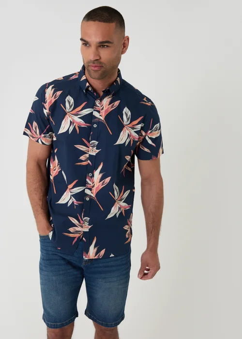 Threadbare Navy Tropical Leaf Print Cotton Short Sleeve Shirt - S Image 1