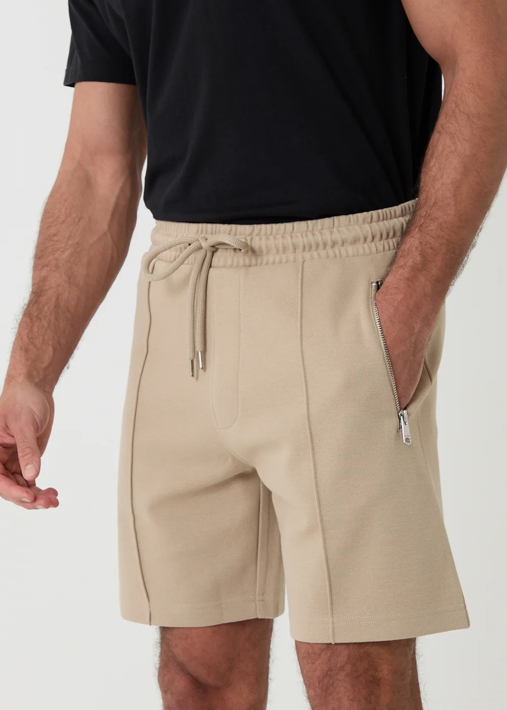 Threadbare Stone Pique Pleated Sweat Shorts - M Image 4