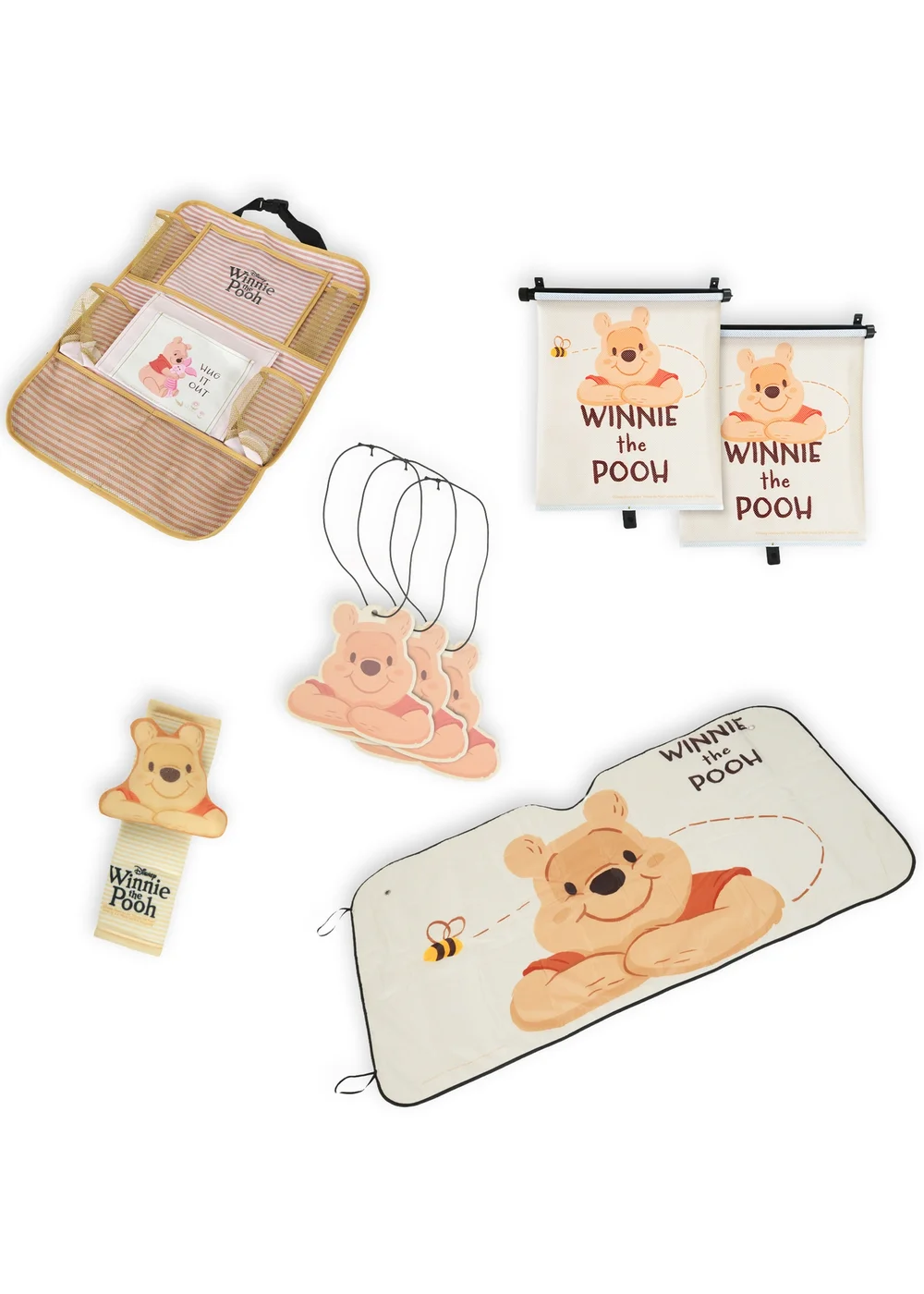 Winnie The Pooh Ultimate Car Essentials Seatbelt Cover Roller Blinds Hanging Organiser Front Window Shade Air Freshener - One Size Image 1