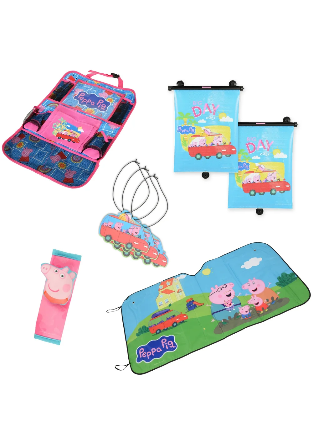 Peppa Pig Ultimate Car Essentials Seatbelt Cover Roller Blinds Hanging Organiser Front Window Shade Air Freshener - One Size Image 1
