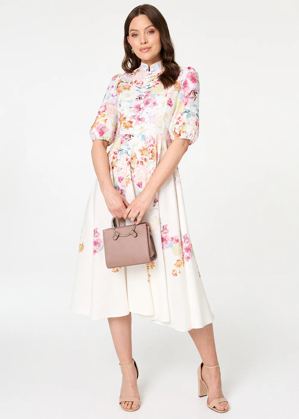 Izabel London Cream Floral 3/4 Sleeve High Neck Midi Dress - 12 Image 1