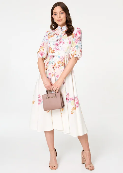 Izabel London Cream Floral 3/4 Sleeve High Neck Midi Dress - 12 Image 1