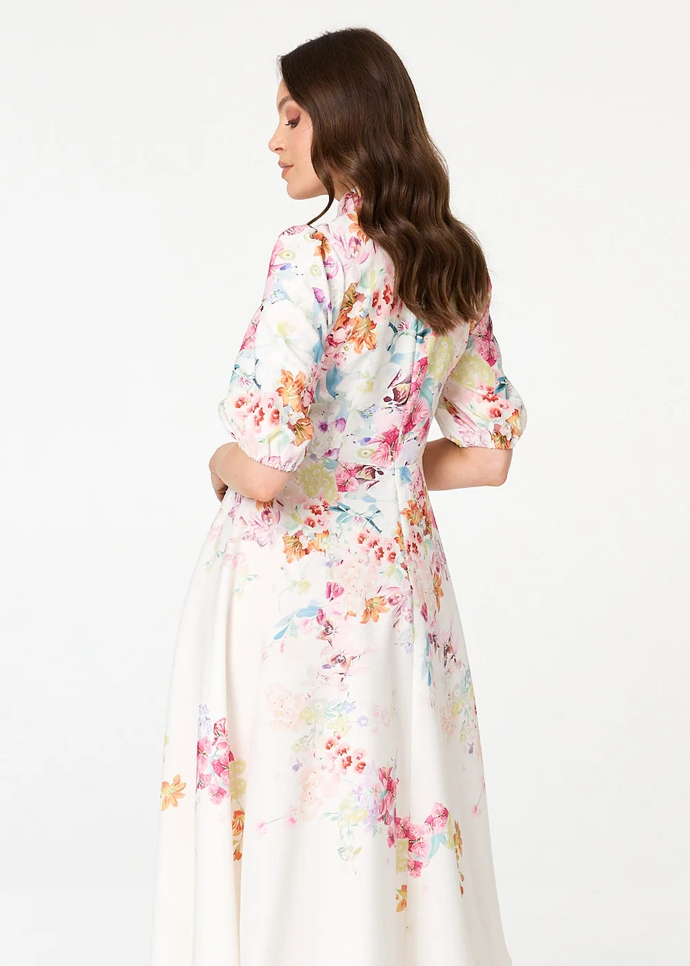 Izabel London Cream Floral 3/4 Sleeve High Neck Midi Dress - 12 Image 3