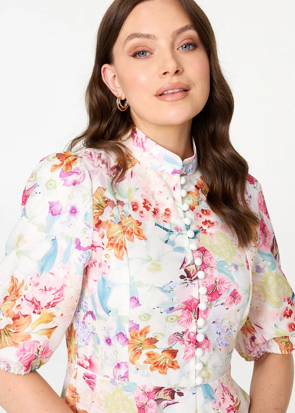 Izabel London Cream Floral 3/4 Sleeve High Neck Midi Dress - 12 Image 4