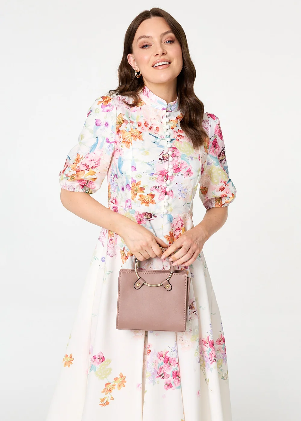 Izabel London Cream Floral 3/4 Sleeve High Neck Midi Dress - 12 Image 2