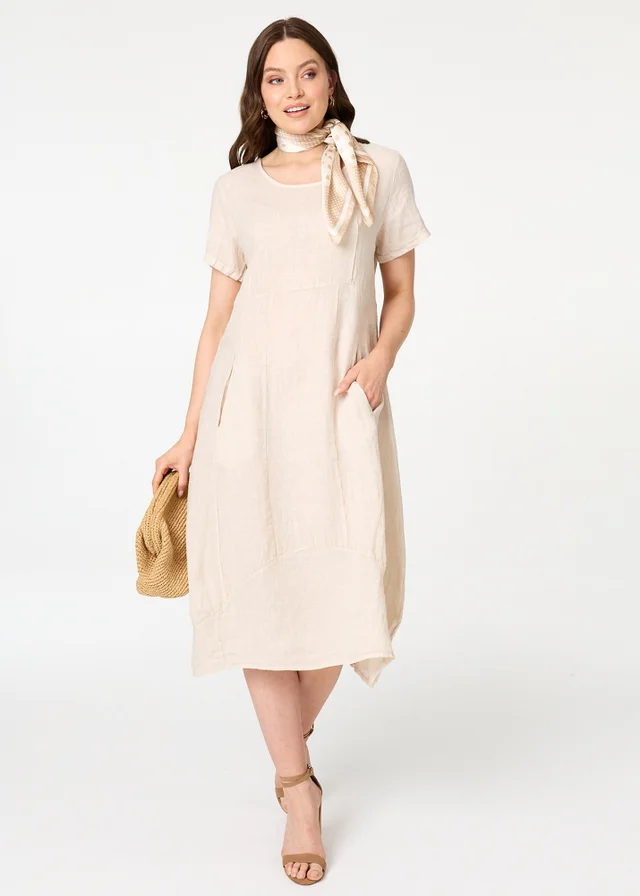 Izabel London Beige Short Sleeve Oversized Midi Shift Dress