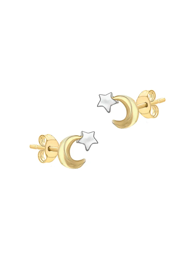 Golden Moments 9ct 2-Colour Gold Moon & Star Stud Earrings