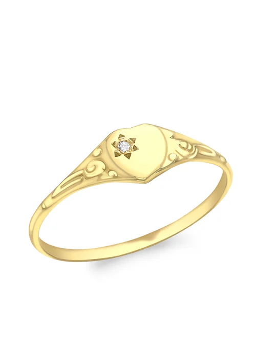 Golden Moments 9ct Yellow Gold Diamond Heart Signet Ring Size E - One Size Image 1