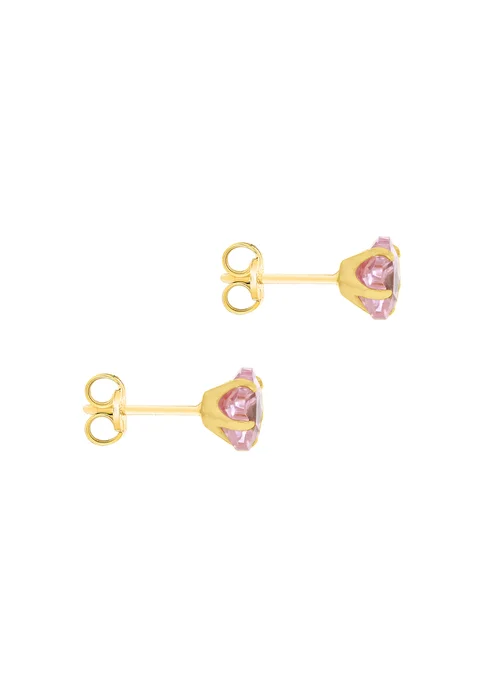 Golden Moments 9ct Yellow Gold Pink CZ Flower Stud Earrings - One Size Image 3