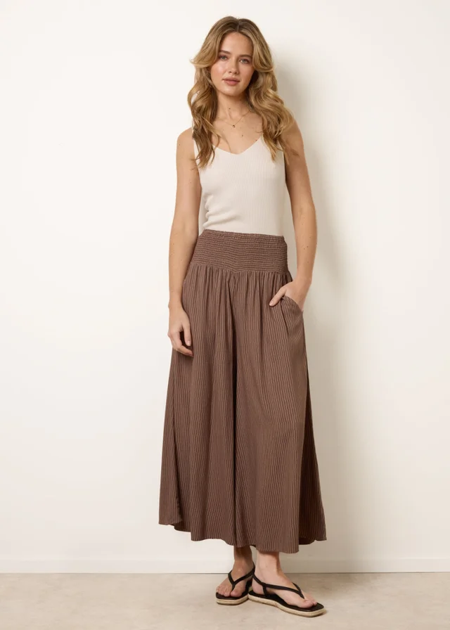 Blue Vanilla Beige Wide Leg Shirred Waist Wavy Trousers