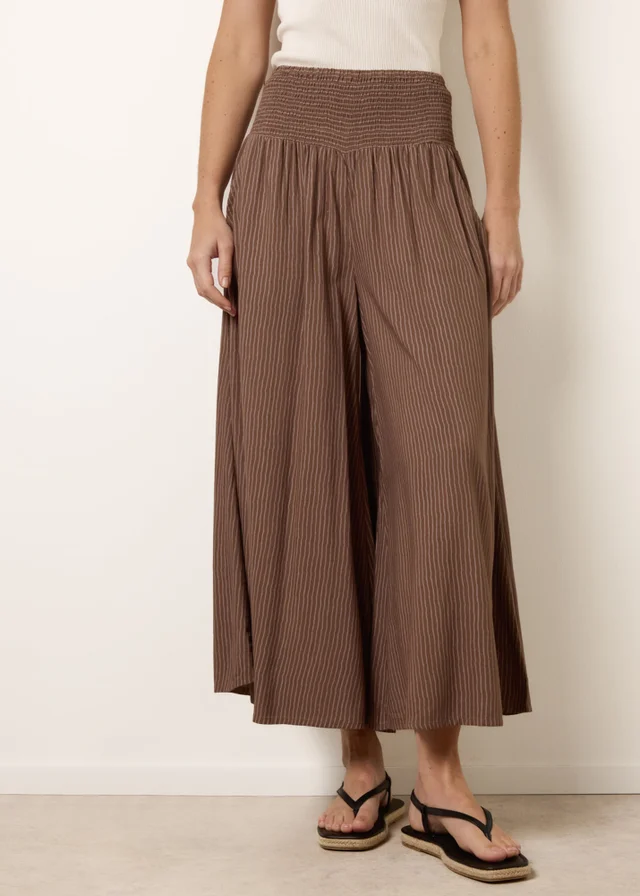 Blue Vanilla Beige Wide Leg Shirred Waist Wavy Trousers