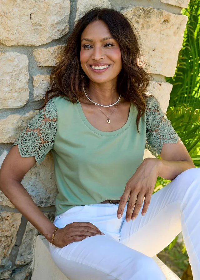 Cotton Traders Dusky Mint Lace Sleeve T-Shirt