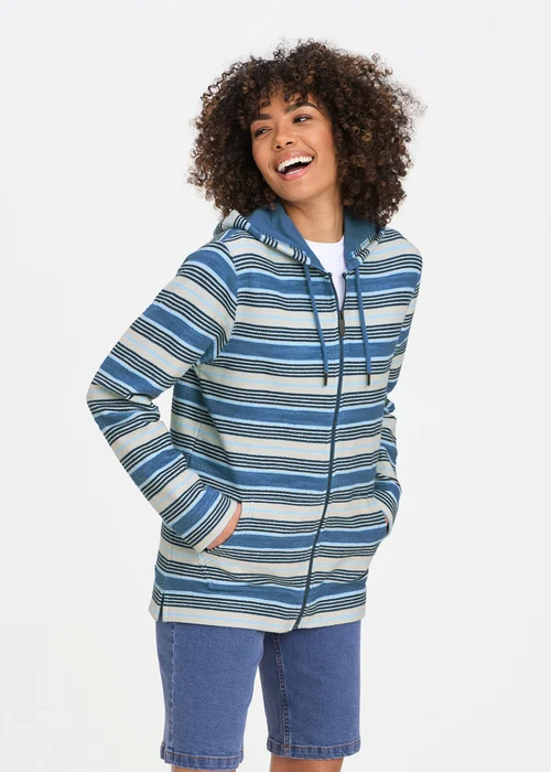 Cotton Traders Admiral Stripe Hooded Zip Through Coastal Top - L Image 1