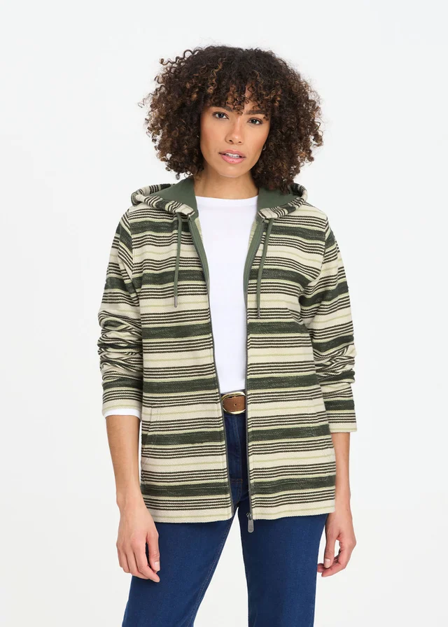 Cotton Traders Green Dusk Stripe Hooded Zip Through Coastal Top