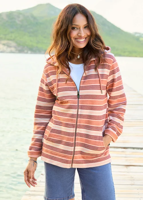 Cotton Traders Apricot Stripe Hooded Zip Through Coastal Top - 2XL Image 1