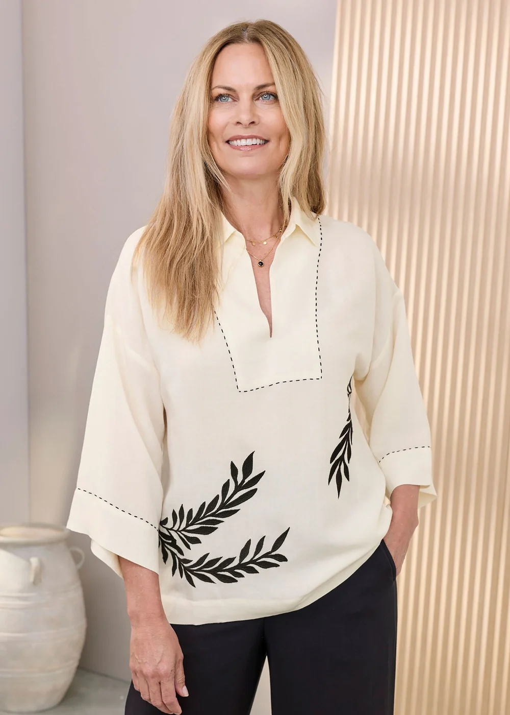 Cotton Traders Cream 3/4 Sleeve Placement Embroidered Top - 14 Image 2