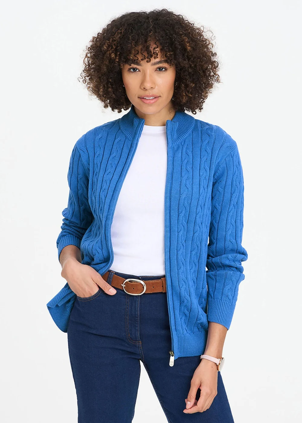 Cotton Traders French Blue Cotton Cable Zip Through Cardigan - XL Image 1