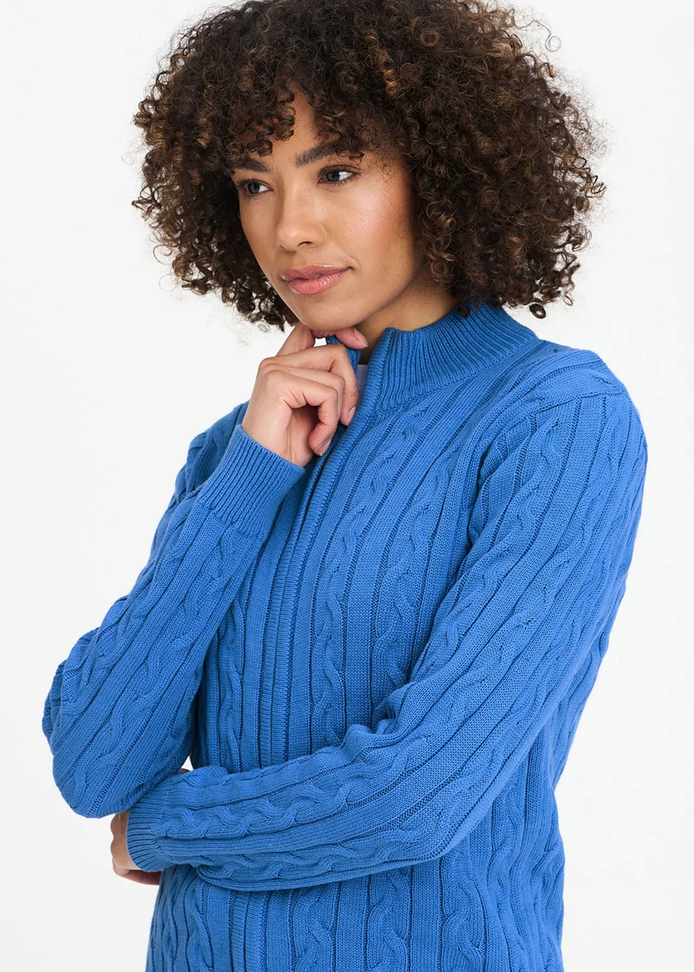 Cotton Traders French Blue Cotton Cable Zip Through Cardigan - XL Image 4