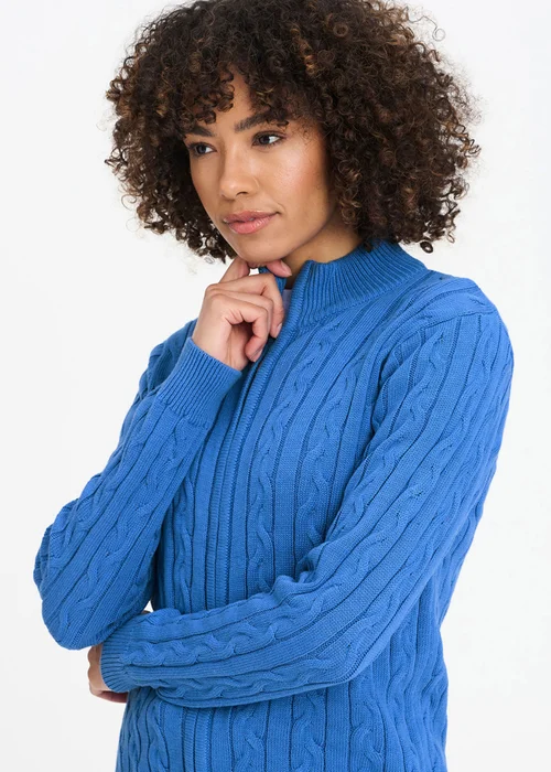 Cotton Traders French Blue Cotton Cable Zip Through Cardigan - XL Image 4