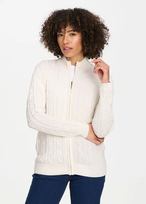Cotton Traders Ivory Cotton Cable Zip Through Cardigan - S Image 2