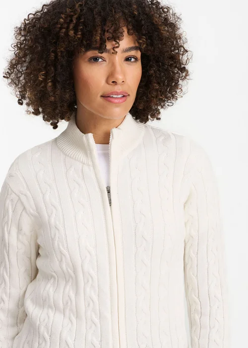 Cotton Traders Ivory Cotton Cable Zip Through Cardigan - S Image 4